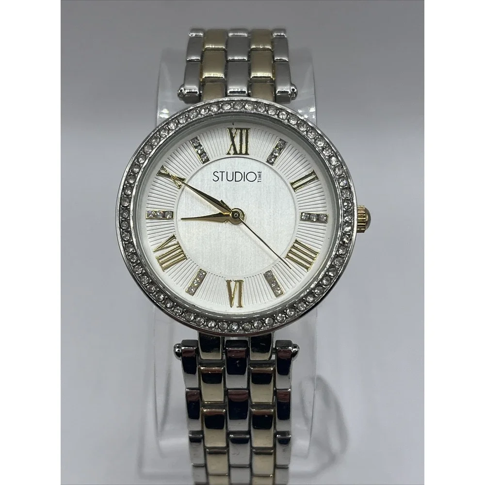 Studio Time Women's Watch Rhinestone Bezel Two Tone Band- New Battery